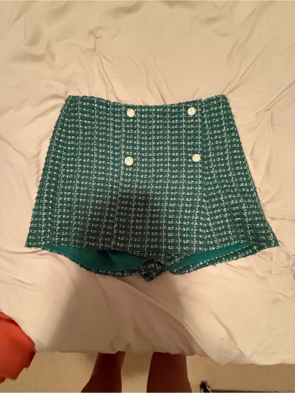 Green Tweed High-Waist Button Front Women's Skort